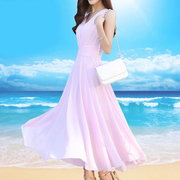 夏季大码无袖连衣裙雪纺v领裙子，气质修身长款沙滩裙长裙女仙