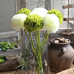 仿真花绢花绣球花蒲公英插花白绿色，花束客厅餐桌，台面花瓶花艺套装