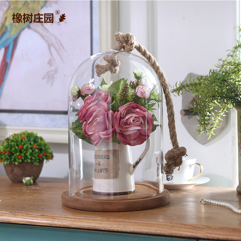 美式乡村木底玻璃罩摆件 创意家居样板房装饰