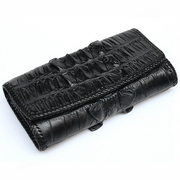泰国鳄鱼皮背脊皮手工编织钱包女士真皮三折长款黑色钱夹皮包
