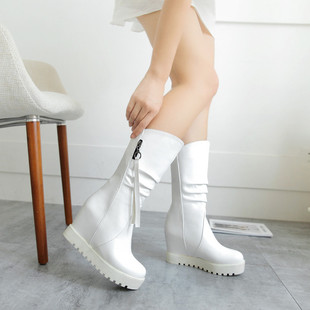 韩版单靴子女鞋春秋冬季中筒靴坡跟内增高中靴高跟厚底白色流苏