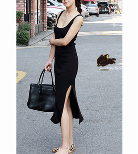 韩版女装连衣裙莫代尔性感开叉中长裙，吊带背心裙修身包臀显瘦