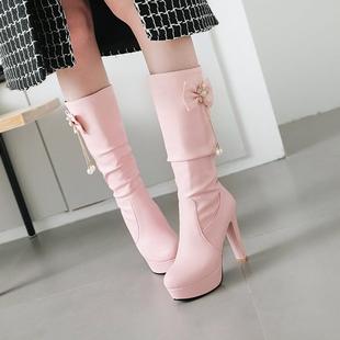 2021靴子女高跟甜美中筒靴加绒冬靴高筒女靴子防水台粉色中靴