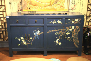 新中式古典蓝色手绘玄关柜储物柜鞋柜，欧式新古典(新古典)餐边柜四门四斗柜