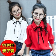 女童衬衫长袖春夏2023韩版儿童红白色上衣中大童薄款雪纺衬衣