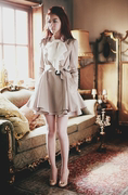 韩国SZ秋季优雅双排扣裙摆式风衣修身收腰系带中长款外套女装