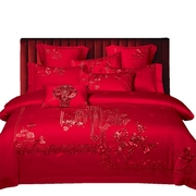 100s支全棉长绒棉婚庆四件套被套大红色床上用品新中式结婚十件套