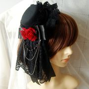 洛丽塔黑色复古小礼帽玫瑰，装饰。蕾丝垂饰，lolita小礼帽贵妇帽