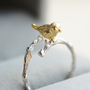 925纯银戒指创意新年礼物森系树枝小鸟开口银指环 女