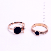 欧美黑色圆形夸张戒指钛钢玫瑰金时尚个性食指戒指环保色小众设计
