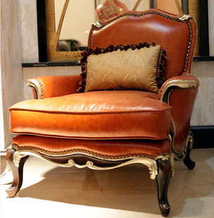 欧式真皮休闲椅新古典实木雕花沙发椅单人奢华布艺靠背椅复古定制