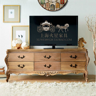 定制新古典(新古典)电视柜，美式乡村实木雕花仿古做旧家具欧式地柜视听柜