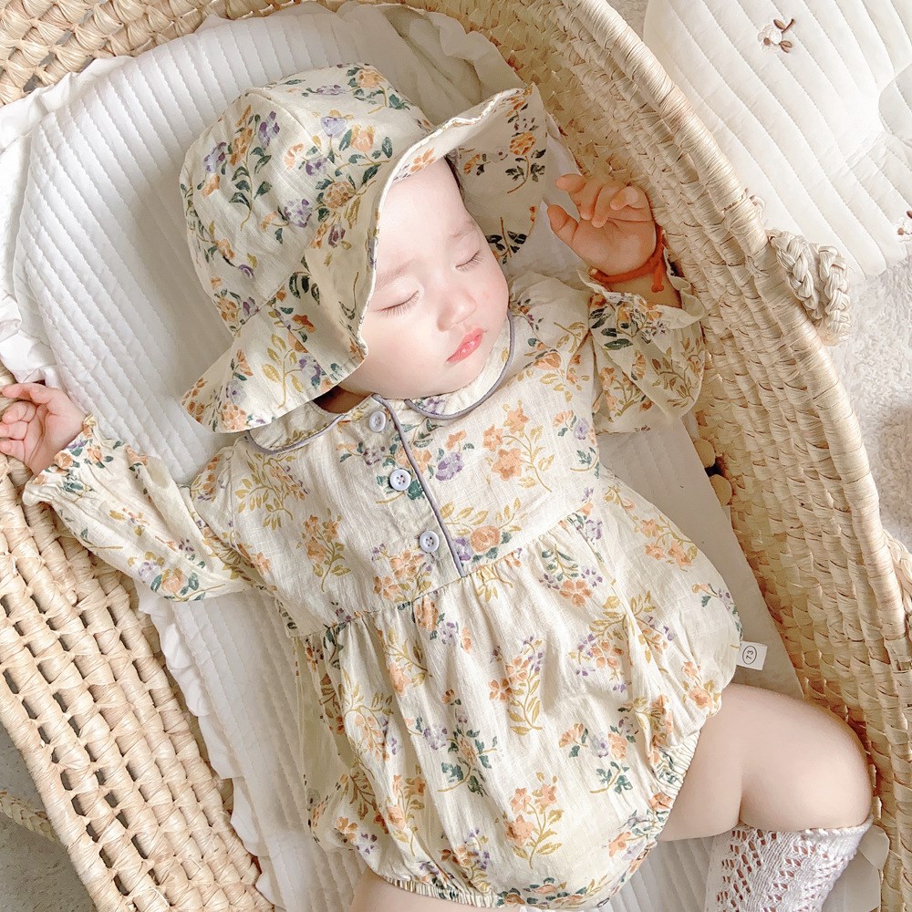 韩国婴儿衣服春夏哈衣纯棉长袖连体衣女宝宝碎花洋气可爱超萌套装