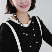 黑色水晶珍珠长款项链毛衣链多层日韩版韩国时尚配饰装饰品
