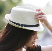 夏天英伦爵士帽情侣男女黑色皮带，草帽子韩版潮礼帽白色亲子儿童帽