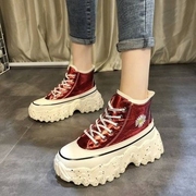 内马丁靴女小个子，2020春秋韩版系带松糕鞋，女学生红色鞋子