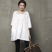 夏季韩版宽松显瘦亚麻棉麻，中袖中长款v领t恤女韩国七分袖上衣半袖