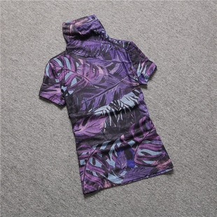 欧洲站短袖t恤女秋装，2024紫色大码高领半袖上衣网纱打底衫