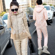 2015冬装时尚羽绒棉服两件套韩版欧根纱蕾丝A字棉衣女潮套装