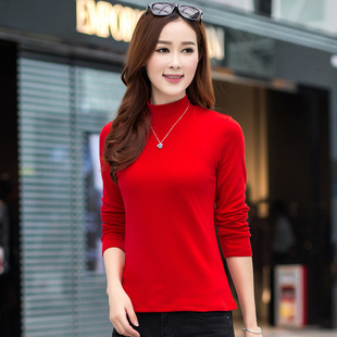 2023韩版上衣纯棉高领打底衫修身净色t恤女长袖纯大红色秋装外穿