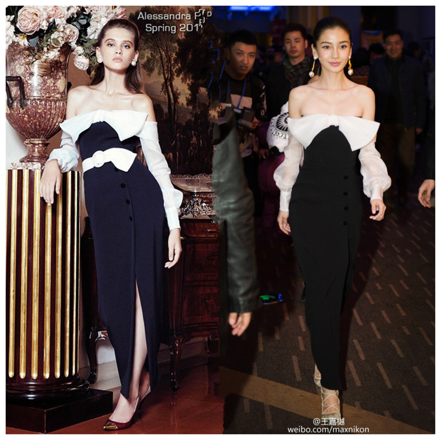 angelbaby杨颖 胸前蝴蝶结连衣裙一字领露肩开叉参加婚礼服裙_蝴蝶结 露肩 裙价格|图片_安哥电竞网