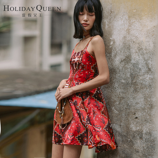 HolidayQueen吊带波西米亚短裙沙滩裙女海边度假连衣裙红色露背裙