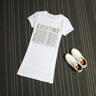 韩版中长款白色字母修身短袖，打底衫银色亮片黑色，半袖圆领棉t恤裙