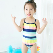 儿童泳衣女童吊带连体泳衣幼童小童可爱五彩条纹防晒连体女宝泳衣