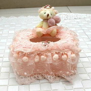 纸巾盒粉色韩式可爱熊车用家用布艺蕾丝纸巾盒纸巾抽卫生