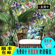 热带雨林东南亚风情大花叶子壁画植物墨绿色墙纸现代美式风格壁纸
