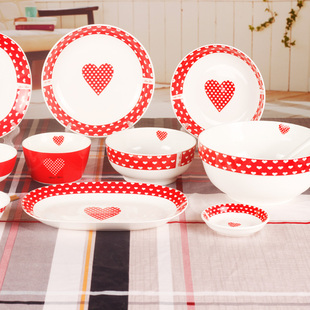 婚庆陶瓷红桃心爱心餐具，散装碗饭盘方盘瓷器5寸方碗