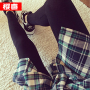 韩版春秋款外穿假两件格子衬衫裙裤，时尚个性绑带系腰打底裤女显瘦