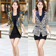 春季韩版修身小西装，女式欧美风花色外套，中长款高档西服长袖女