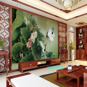 中式壁纸电视背景墙纸 3d大型壁画工笔花鸟 客厅饭店包房山水荷花