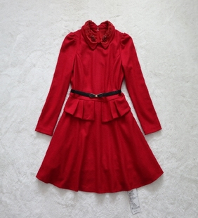 冬春秋女甜美红色套头长袖，修身微弹羊毛呢a型中裙连衣裙
