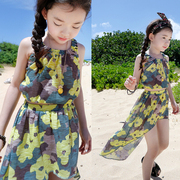 夏季童装沙滩裙女童休闲大碎花背心裙子两件套儿童，棉麻燕尾裙