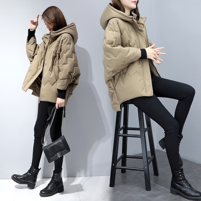 2021新j款女装蝙蝠袖轻薄短款羽绒服韩版宽松加厚小个子茧j型外套