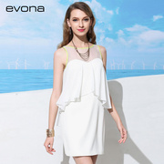 EVONA百褶不规则短裙度假圆领露背修身假两件雪纺连衣裙1509