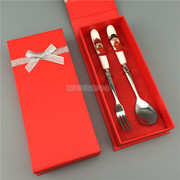 婚礼用品回礼韩式陶瓷勺叉2件套不锈钢餐具套装陶瓷叉勺 礼盒