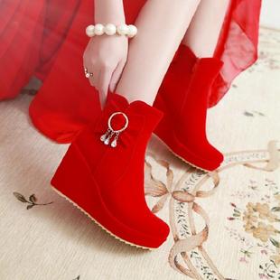 婚鞋女2017秋季红色短靴女坡跟，防水台马丁靴粗跟结婚红鞋婚靴