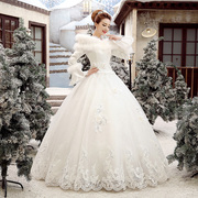 冬季婚纱礼服2023新娘结婚秋冬款长袖齐地加厚保暖冬天白色女