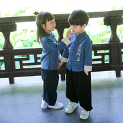 儿童唐装女童中国风汉服男童，套装传统复古风春款棉麻两件套国学服