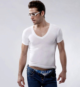 定制夏季男式大V领潮男士紧身短袖T恤白色纯色打底衫低领纯棉上衣