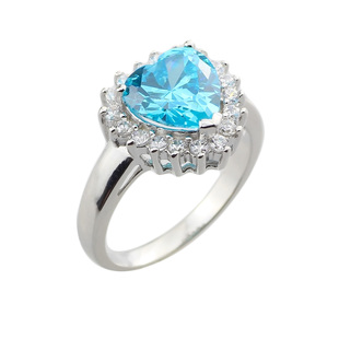925纯银镀白金戒指环，女蓝刚玉，宝石求婚钻戒生日礼物