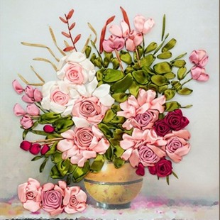 欧式丝带绣挂画 玫瑰花开花瓶花卉客厅花卉彩印非十字秀