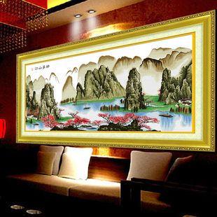 印花江山多娇壮丽版十字绣，客厅大幅风景山水系列，挂画套件刺绣