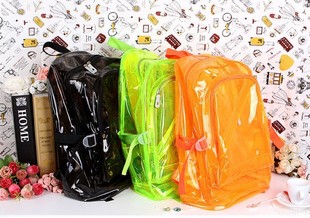 原宿塑料糖果色透明包包荧光包果冻(包果冻)男女学生书包，透明双肩包背包(包背包)