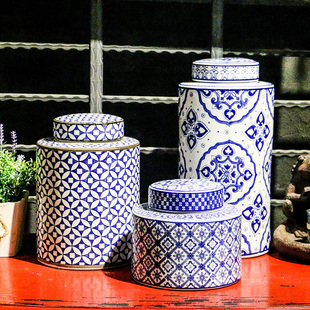 新中式青花陶瓷器储物罐美式古典玄关新房客厅酒柜家居装饰品摆件