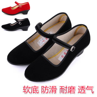 实在人老北京布鞋高跟工作鞋红色女士舞蹈鞋妈妈舒适休闲软底单鞋