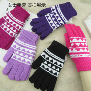 秋冬季韩版五指针织手套女拉绒爱心保暖手套学生成人户外防寒时尚